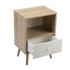 Mid-Century Wood Nightstand, Bed Sofa Side Table with Drawer and Shelf, Modern End Table for Living Room Bedroom Office,Natural and White