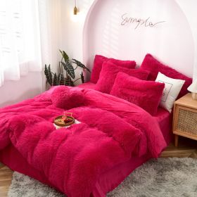 Mink Fur Four-piece Plush Rhinestone Velvet Duvet Cover (Option: Rose Red-160x200cm)