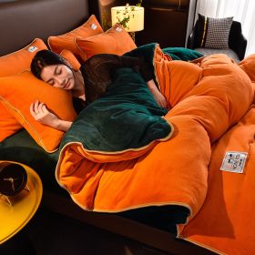 Pure Color Thickened Warm Milk Fiber Four-piece Set (Option: Orange Dark Green-180cm Fitted Sheet 4pcs Set)