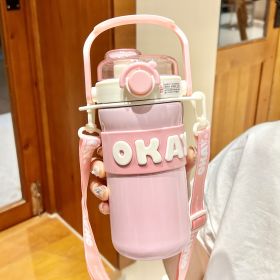 Portable Large Capacity Warm-keeping Water Cup (Option: Pink With Shoulder Strap-635ml)