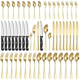 Stainless Steel Tableware 48 Pieces Suit Steak Knife Fork And Spoon (Color: gold)