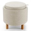 Round Fabric Storage Ottoman with Tray and Non-Slip Pads for Bedroom