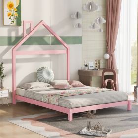 Full Size Wood Platform Bed with House-shaped Headboard (Color: pink)