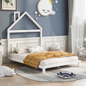 Full Size Wood Platform Bed with House-shaped Headboard (Color: White)