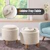 Round Fabric Storage Ottoman with Tray and Non-Slip Pads for Bedroom