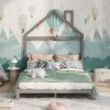 Full Size Wood Platform Bed with House-shaped Headboard