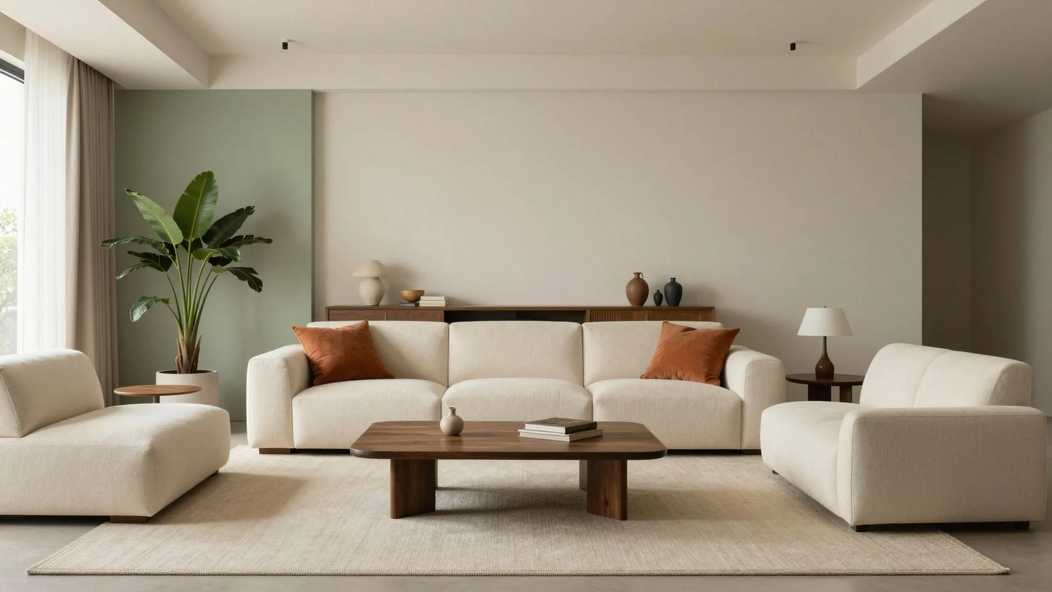modern editorial living room idea: Urban Jungle with cream and warm neutrals with sage green and terracotta accents, designer-curated modern