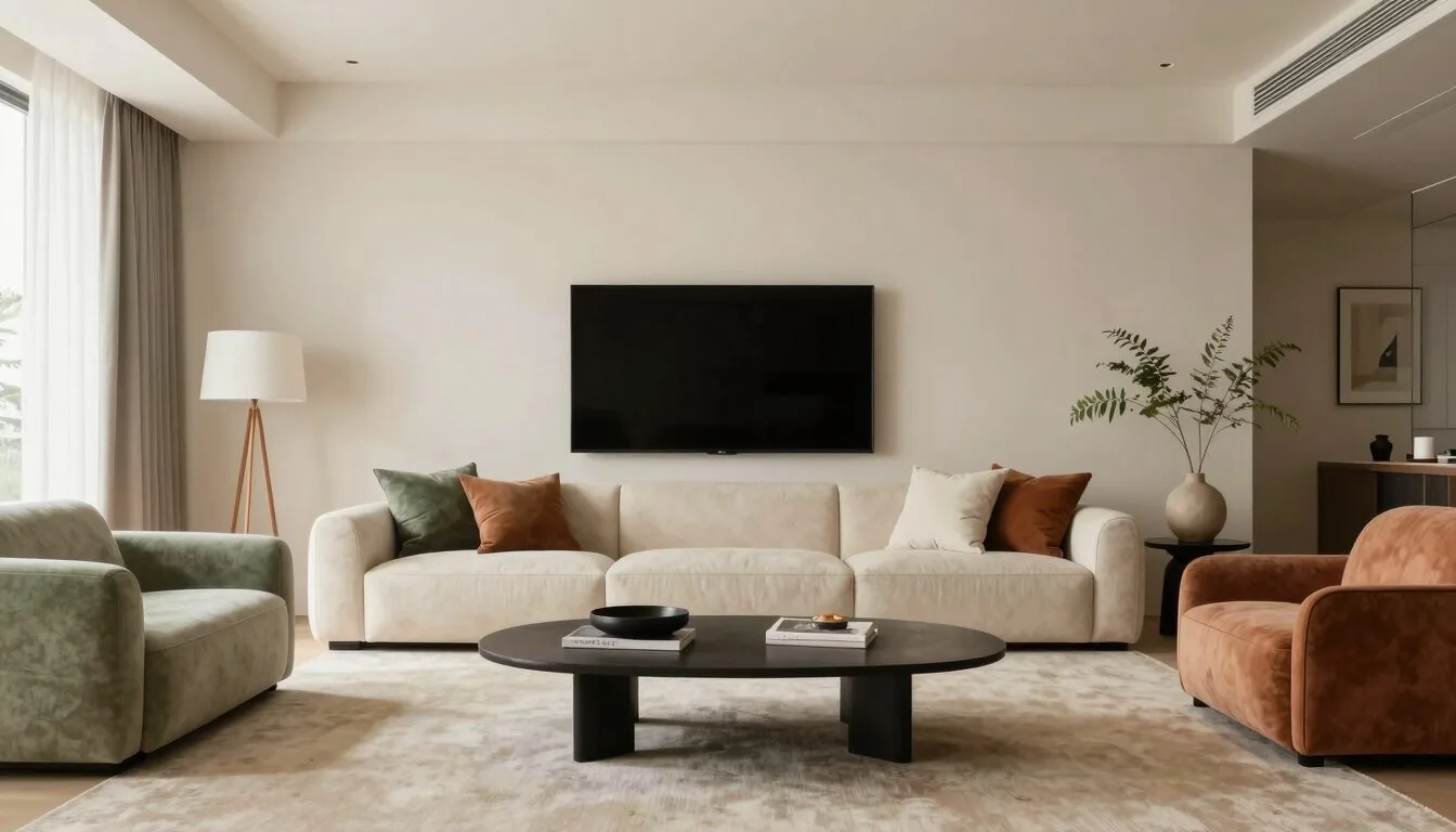 modern editorial living room idea: Monochrome Magic with cream and warm neutrals with sage green and terracotta accents, designer-curated modern