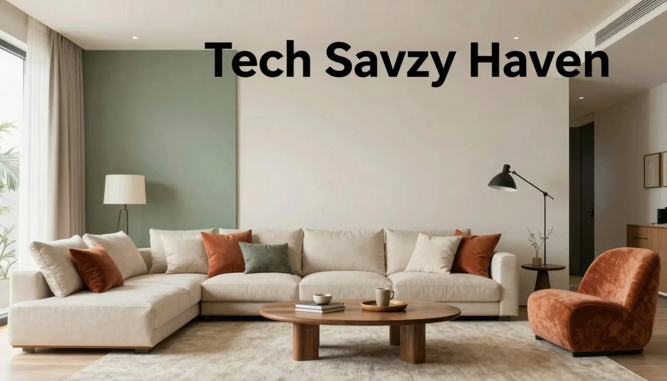 modern editorial living room idea: Tech Savvy Haven with cream and warm neutrals with sage green and terracotta accents, designer-curated