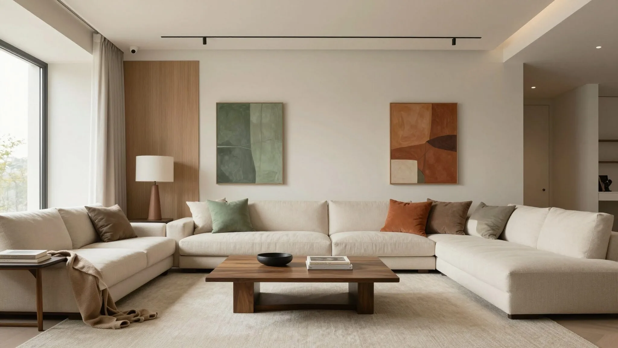 modern editorial living room idea: Artistic Expression with cream and warm neutrals with sage green and terracotta accents, designer-curated modern