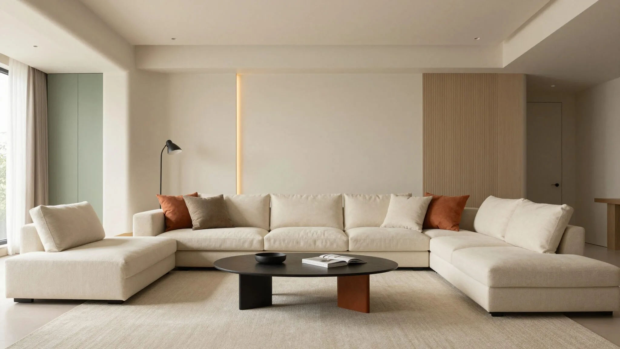 modern editorial living room idea: Eco-Luxe with cream and warm neutrals with sage green and terracotta accents, designer-curated modern living