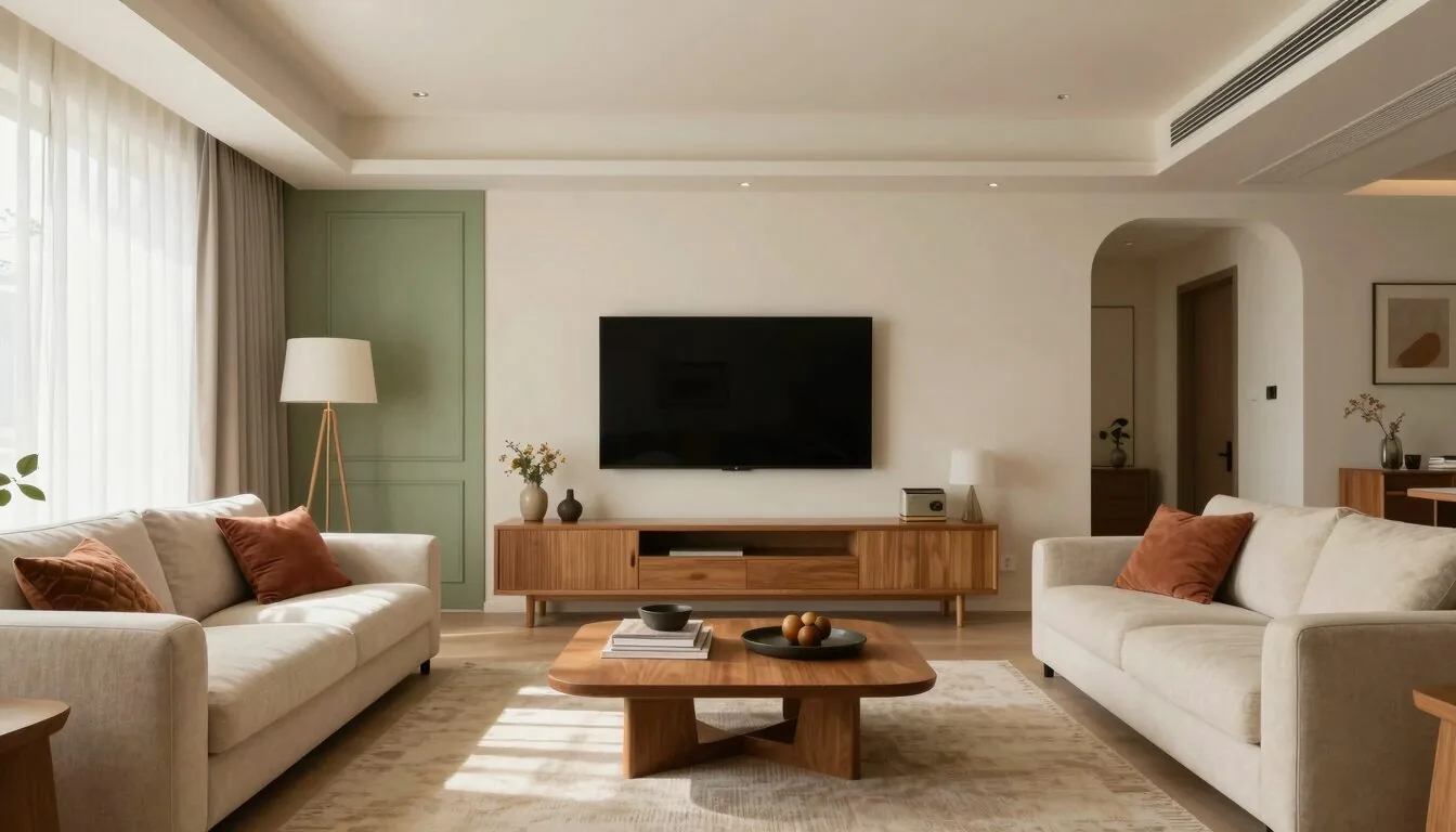 modern editorial living room idea: Retro Revival with cream and warm neutrals with sage green and terracotta accents, designer-curated modern