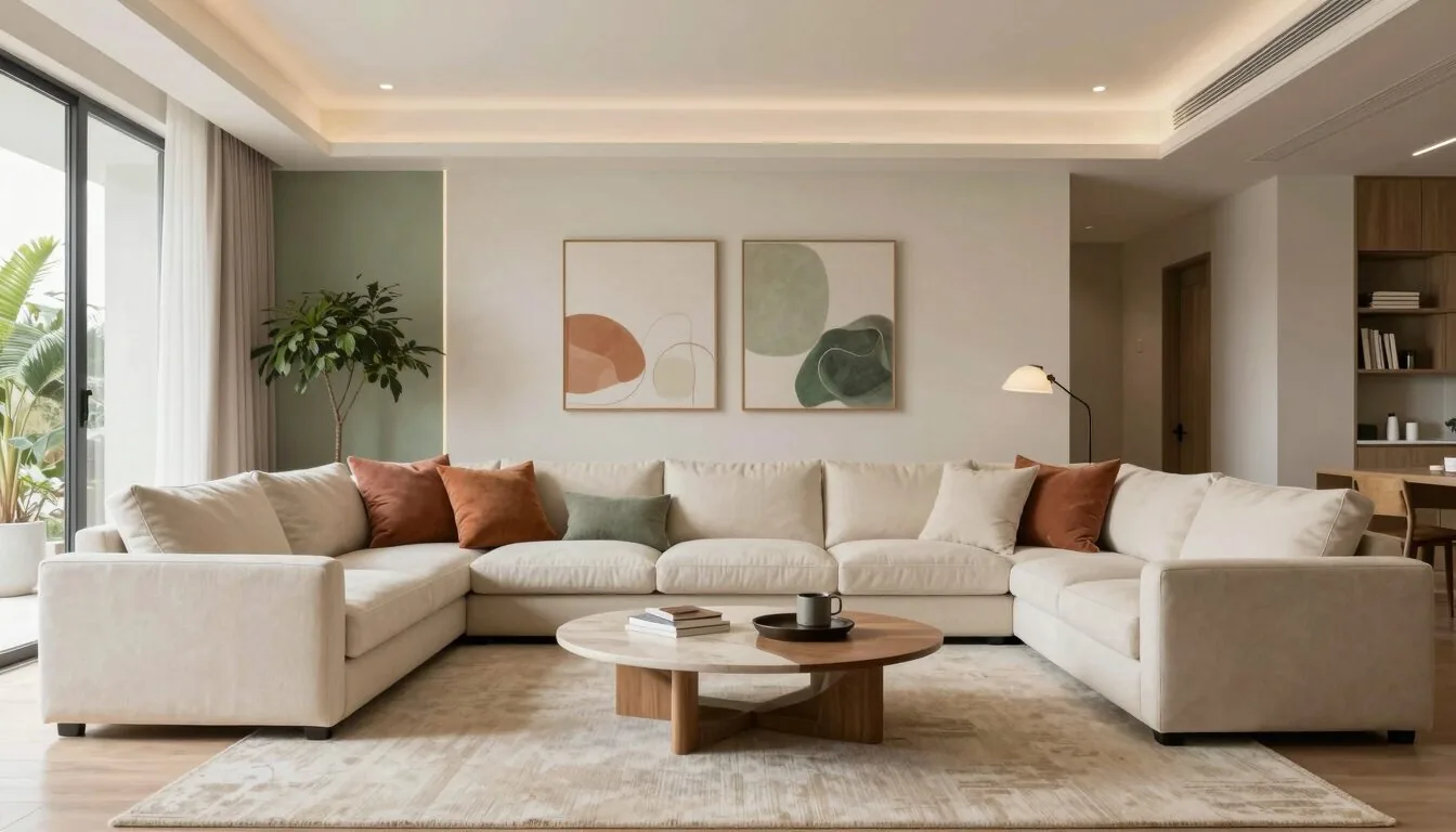 modern editorial living room idea: Coastal Breeze vs. Urban Chic with cream and warm neutrals with sage green and terracotta