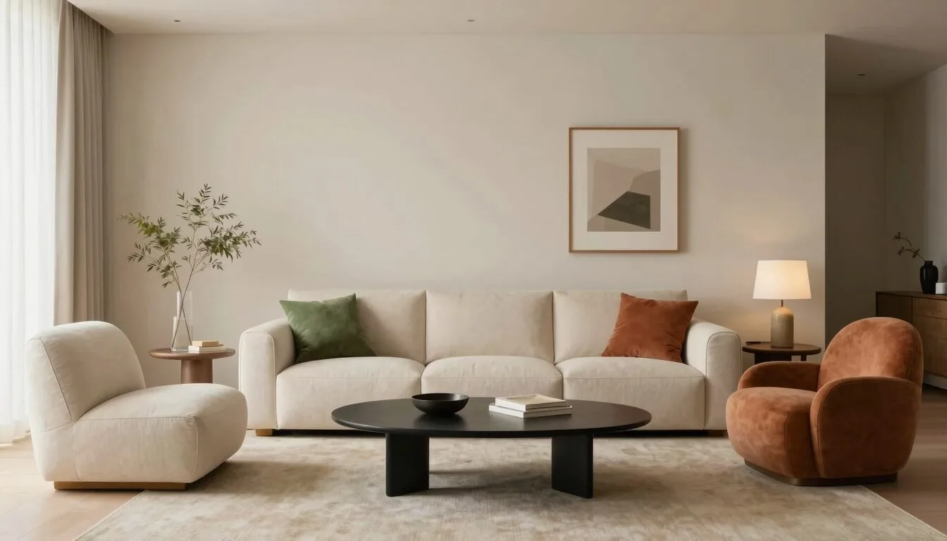 modern editorial living room idea: Scandinavian Simplicity with cream and warm neutrals with sage green and terracotta accents, designer-curated modern