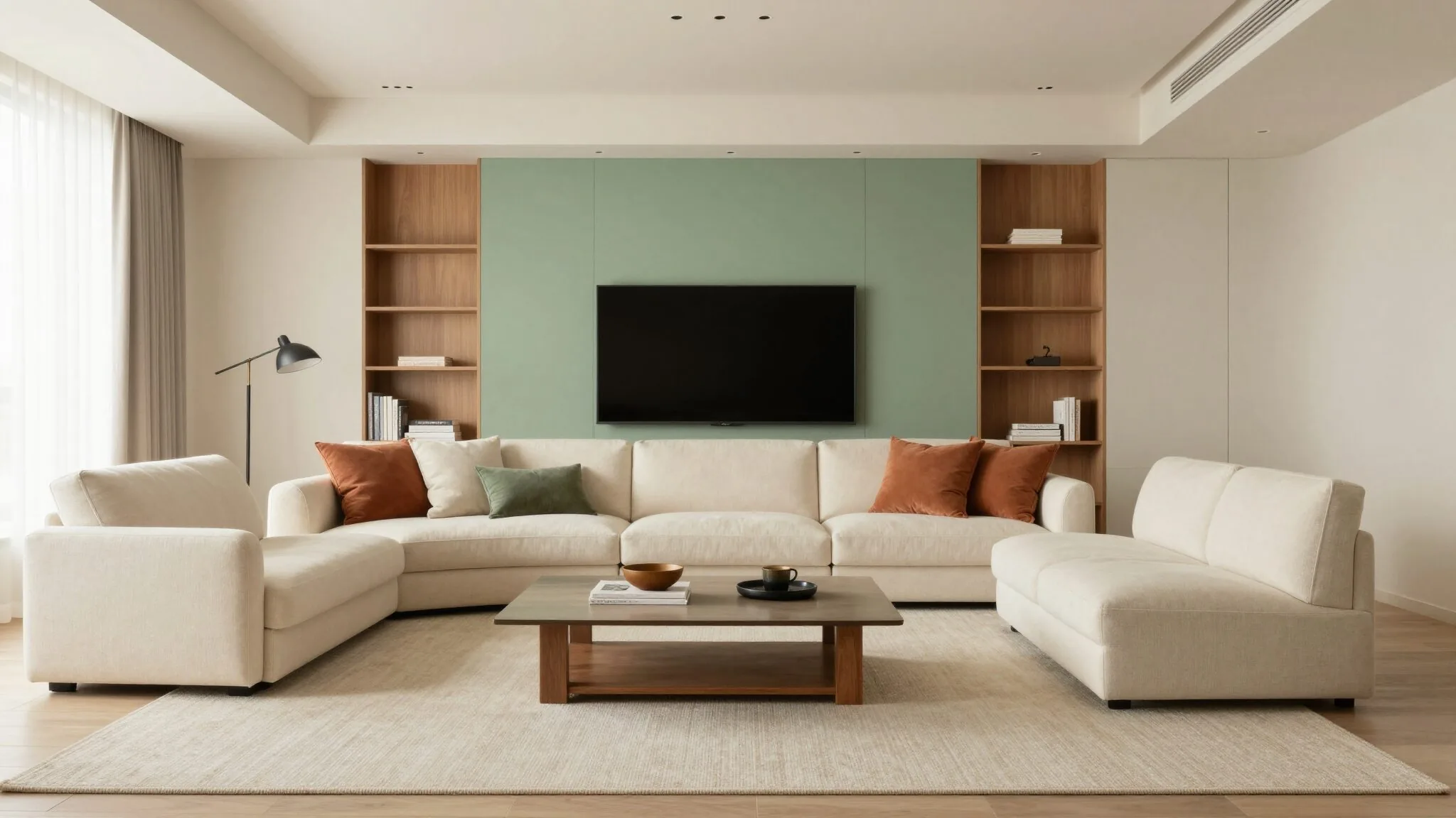 modern editorial living room idea: Bold Color Drench with cream and warm neutrals with sage green and terracotta accents, designer-curated