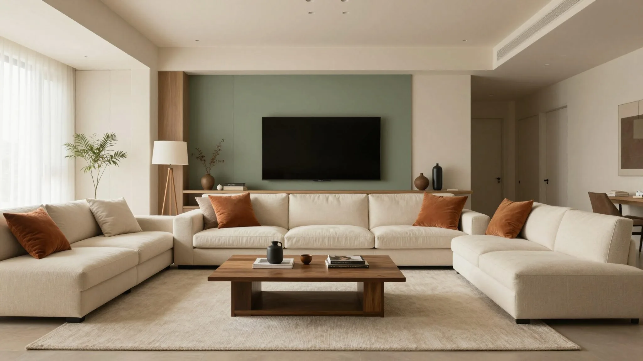 modern editorial living room idea: Warm Industrial Step-by-Step with cream and warm neutrals with sage green and terracotta accents, designer-curated