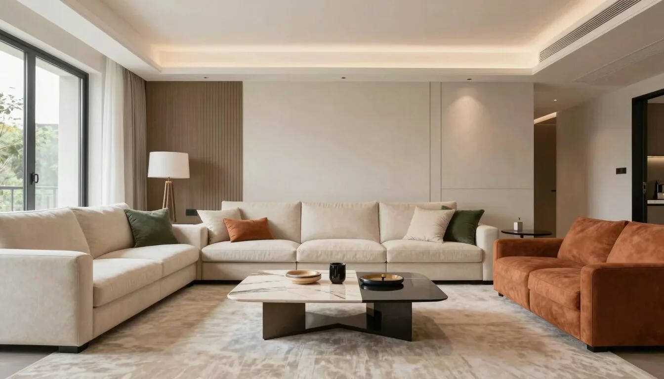 modern editorial living room idea: Luxe Glam with cream and warm neutrals with sage green and terracotta accents, designer-curated modern