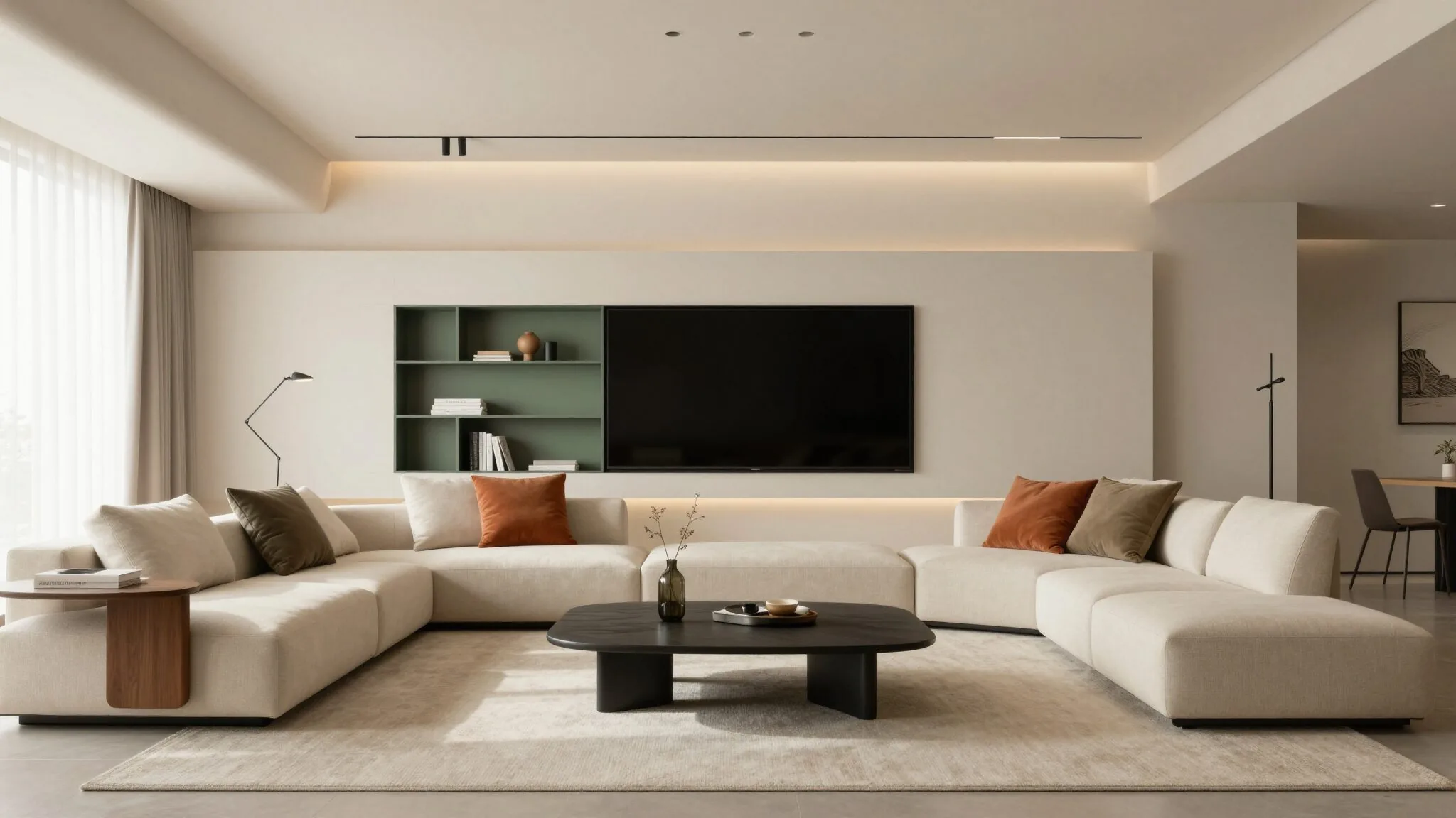 modern editorial living room idea: Futuristic Minimalism with cream and warm neutrals with sage green and terracotta accents, designer-curated modern