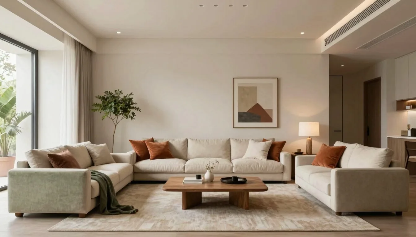 modern editorial living room idea: Global Eclectic with cream and warm neutrals with sage green and terracotta accents, designer-curated modern