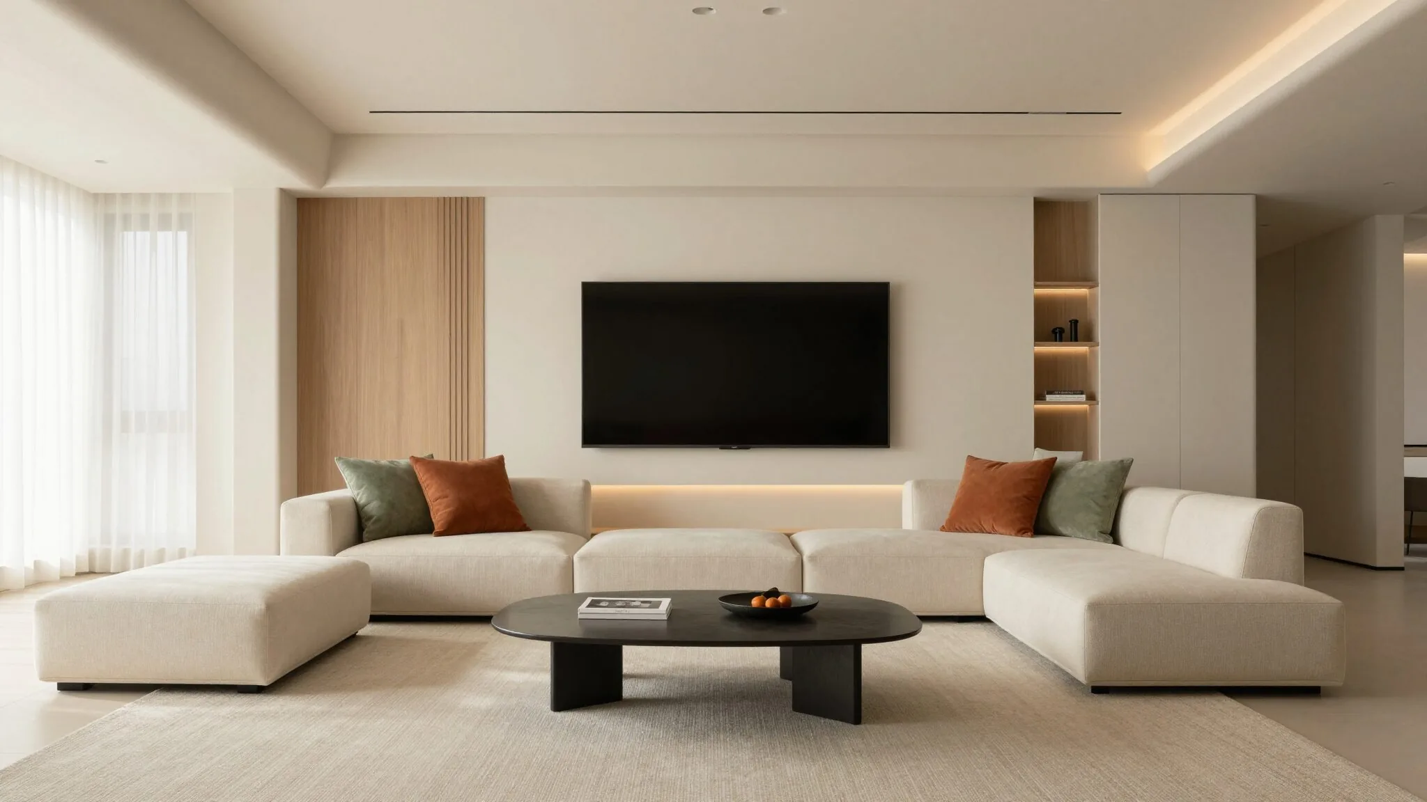 modern editorial living room idea: Sleek Serenity with cream and warm neutrals with sage green and terracotta accents, designer-curated modern