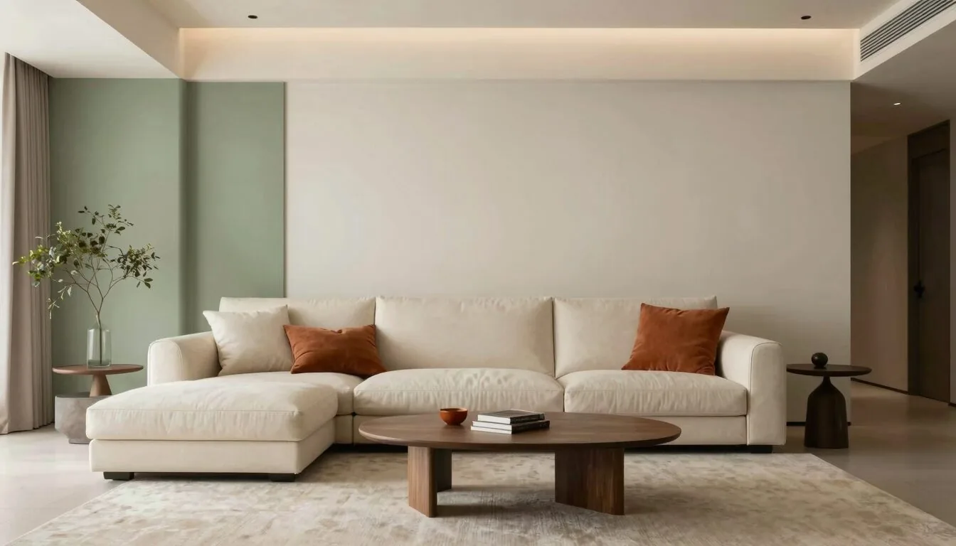 modern editorial living room idea: Light vs. Dark Contrast with cream and warm neutrals with sage green and terracotta accents,