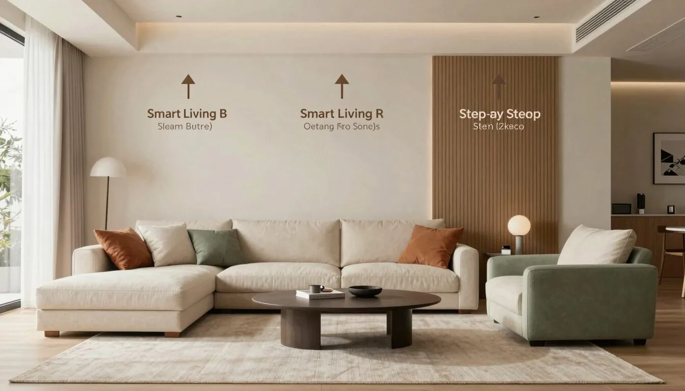 modern editorial living room idea: Smart Living Room Setup Step-by-Step with cream and warm neutrals with sage green and terracotta