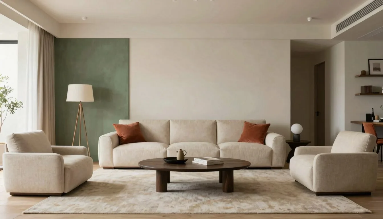 modern editorial living room idea: Earthy Industrial with cream and warm neutrals with sage green and terracotta accents, designer-curated modern