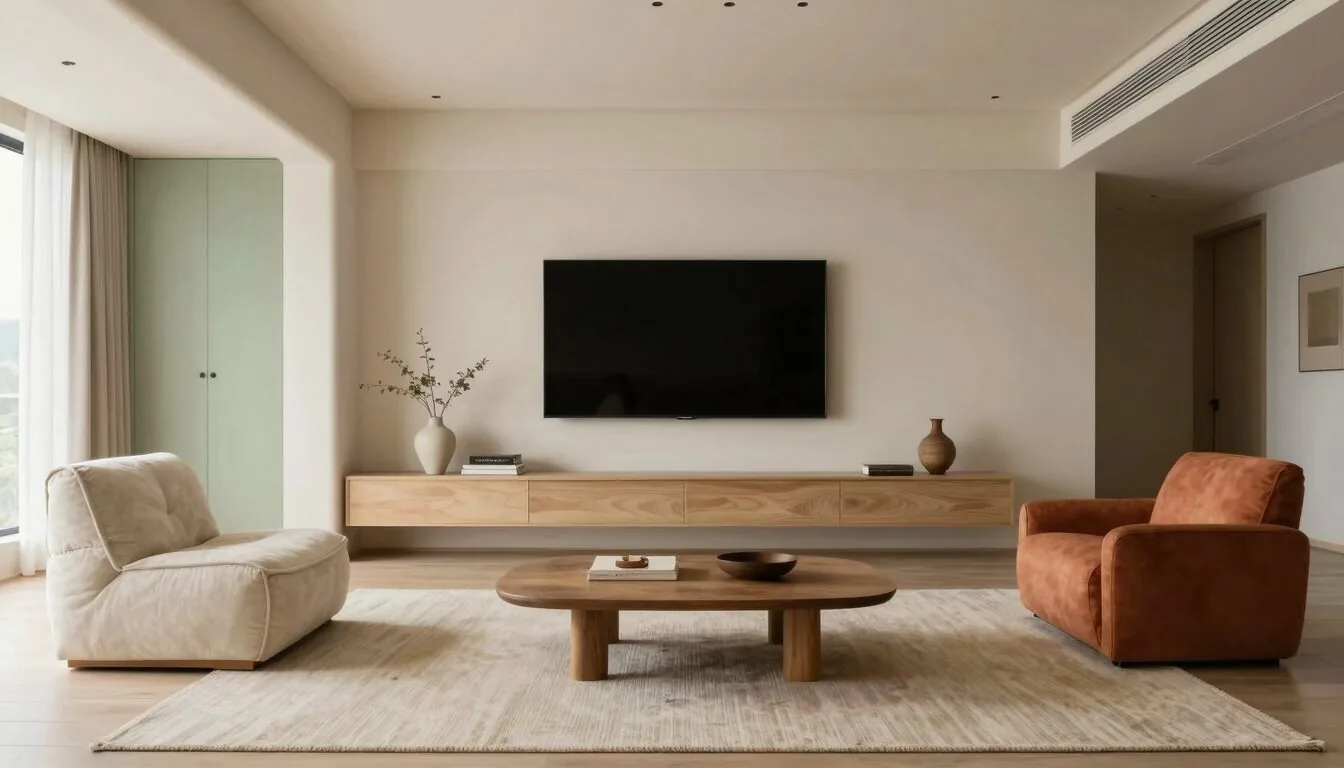 modern editorial living room idea: Zen Retreat with cream and warm neutrals with sage green and terracotta accents, designer-curated modern