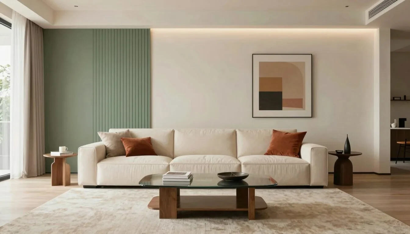 modern editorial living room idea: Contemporary Chic Get the Look with cream and warm neutrals with sage green and terracotta