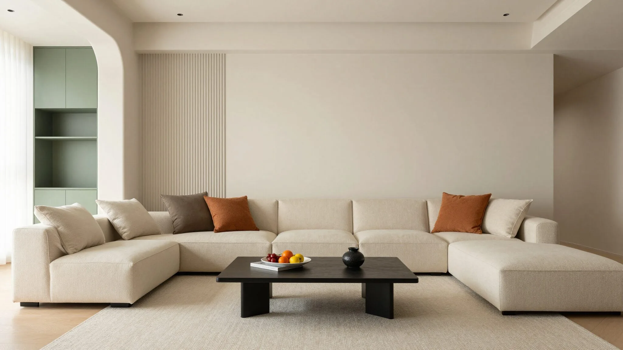 modern editorial living room idea: Pop Art Punch with cream and warm neutrals with sage green and terracotta accents, designer-curated