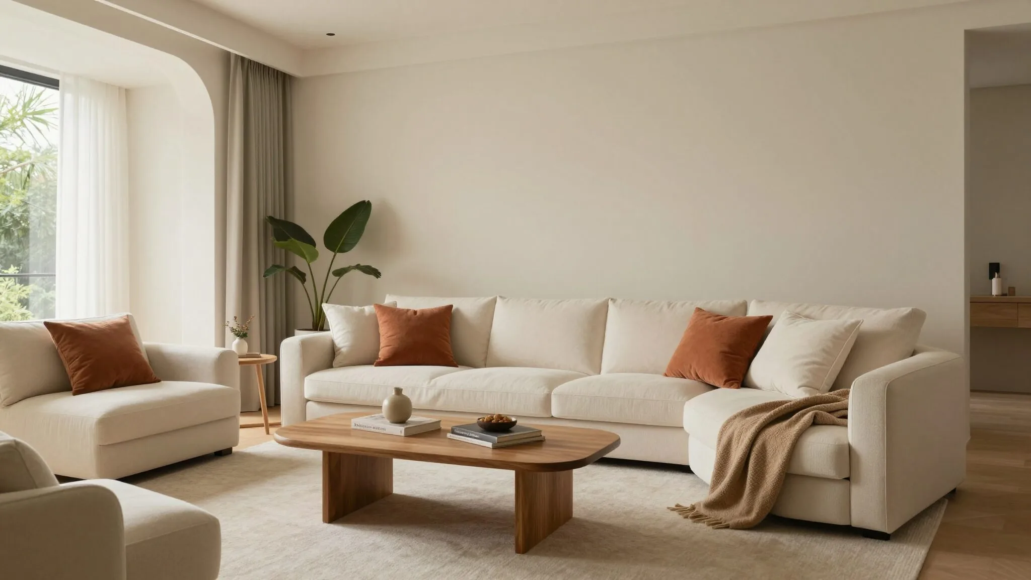 modern editorial living room idea: Cottagecore Comfort with cream and warm neutrals with sage green and terracotta accents, designer-curated modern