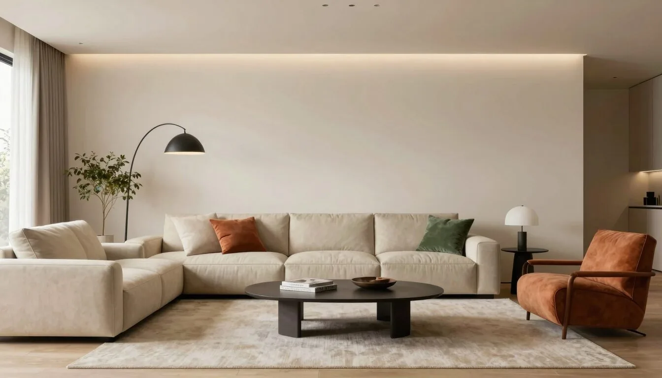 modern editorial living room idea: Urban Minimal with cream and warm neutrals with sage green and terracotta accents, designer-curated modern