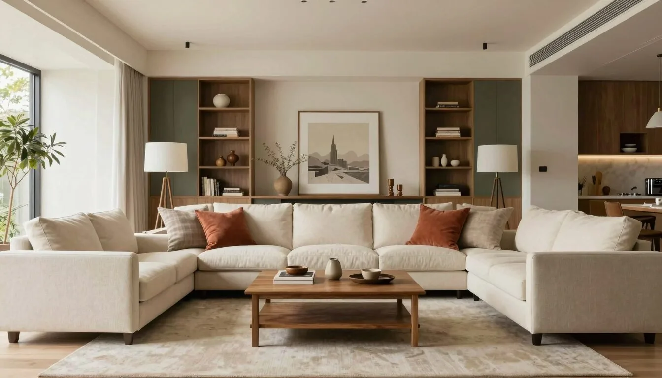 modern editorial living room idea: Farmhouse Modern Step-by-Step with cream and warm neutrals with sage green and terracotta accents, designer-curated
