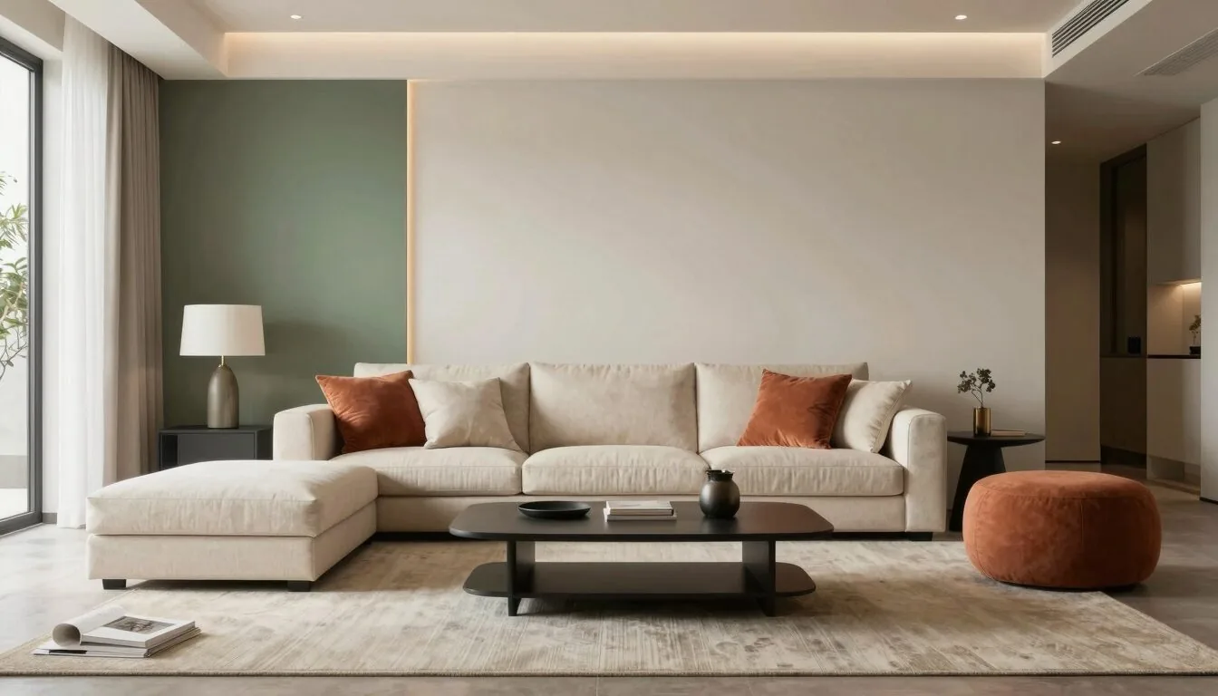 modern editorial living room idea: Industrial Glam with cream and warm neutrals with sage green and terracotta accents, designer-curated modern