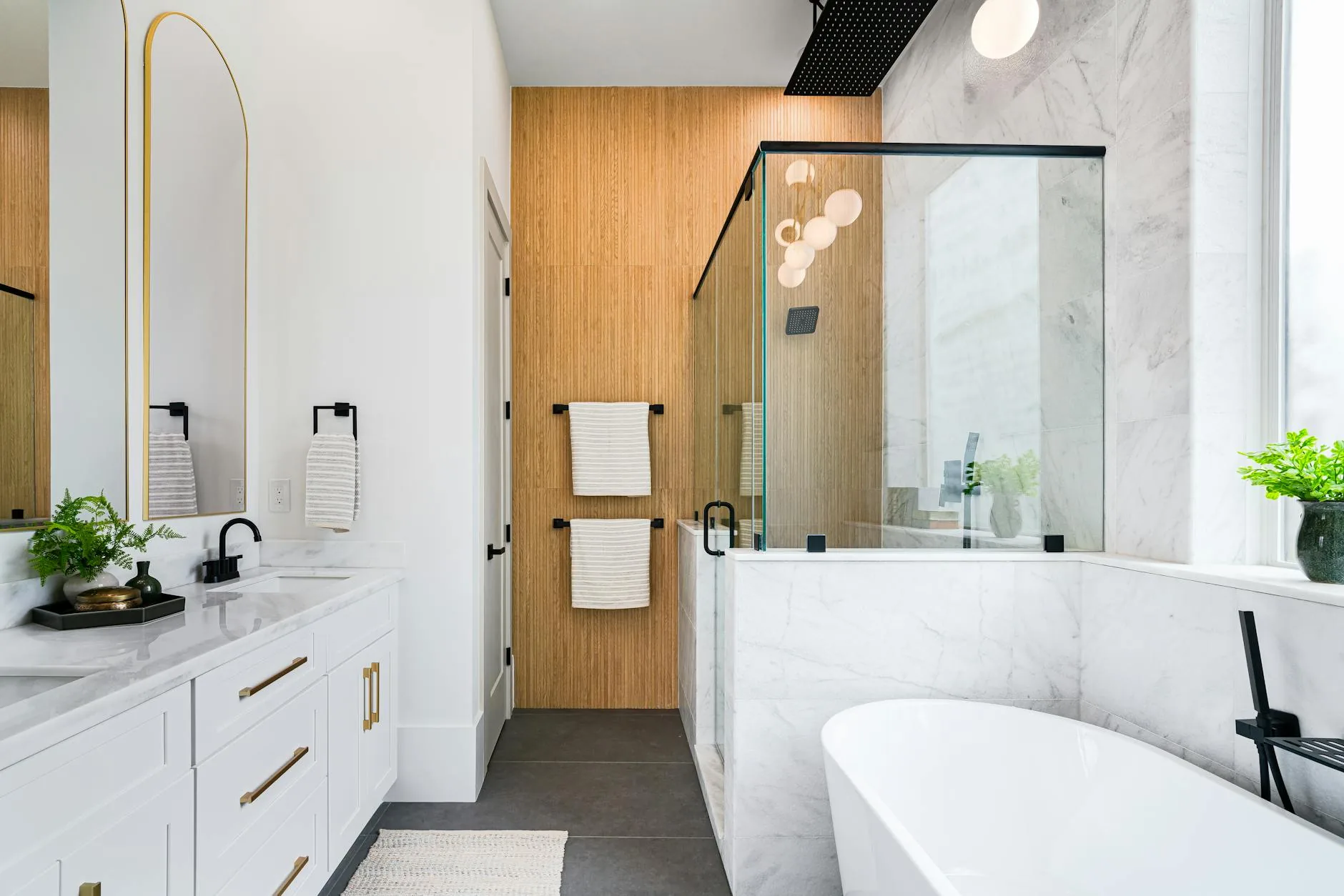modern editorial bathroom idea: Botanical Escape with cream and warm neutrals with sage green and terracotta accents, designer-curated bathroom decor