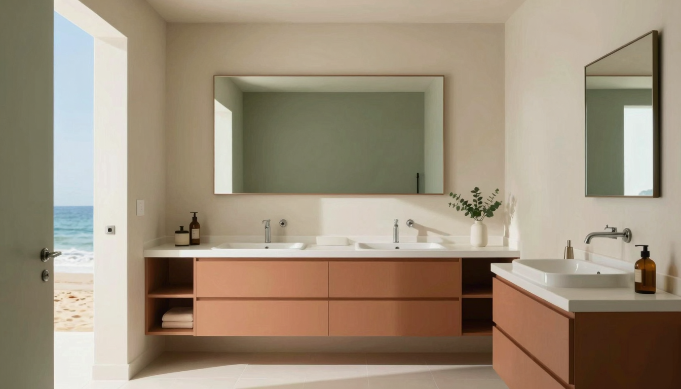 modern editorial bathroom idea: Coastal Retreat with cream and warm neutrals with sage green and terracotta accents, designer-curated bathroom decor