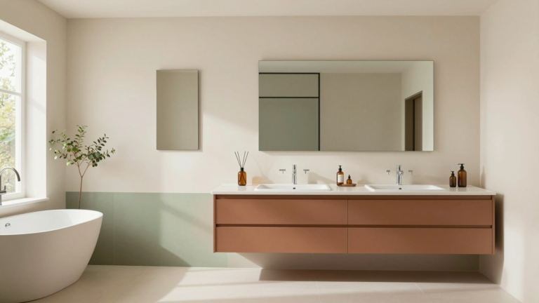 modern editorial home decor magazine cover bathroom featuring bathroom decor ideas editorial composition, cream and warm neutrals with sage green