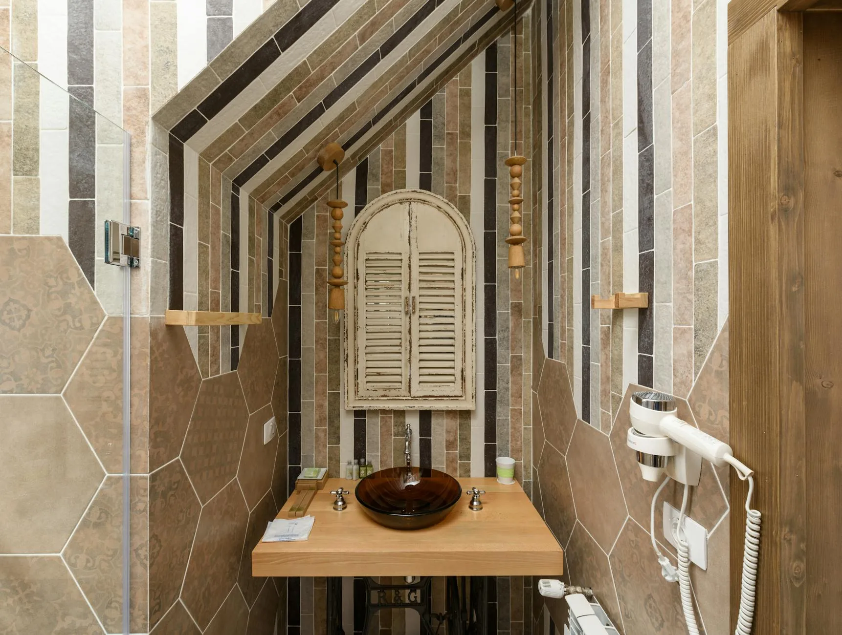 modern editorial bathroom idea: Eclectic Bohemian with cream and warm neutrals with sage green and terracotta accents, designer-curated bathroom decor