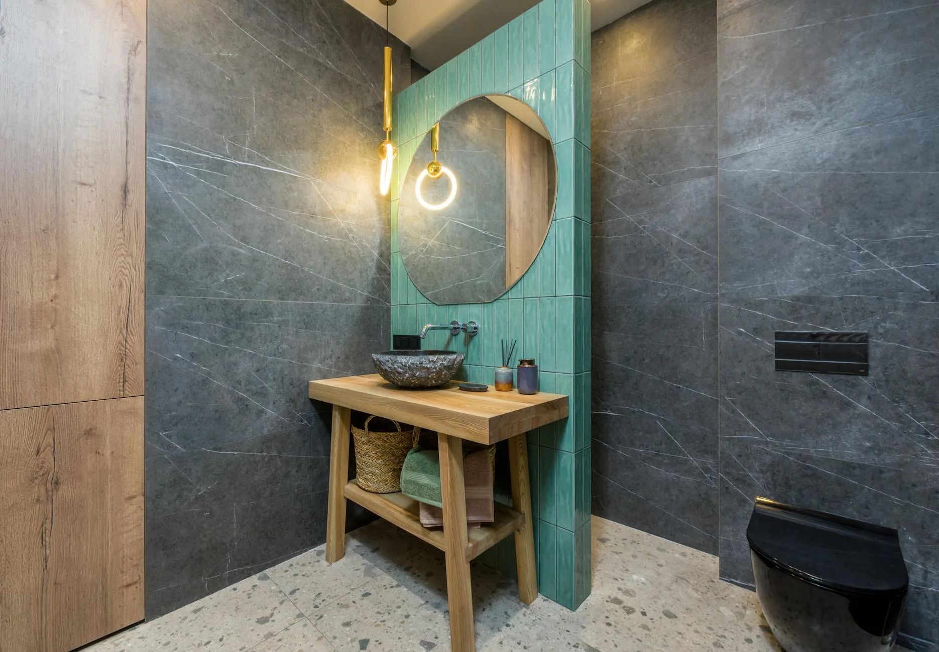 modern editorial bathroom idea: Luxurious Metallics with cream and warm neutrals with sage green and terracotta accents, designer-curated bathroom decor