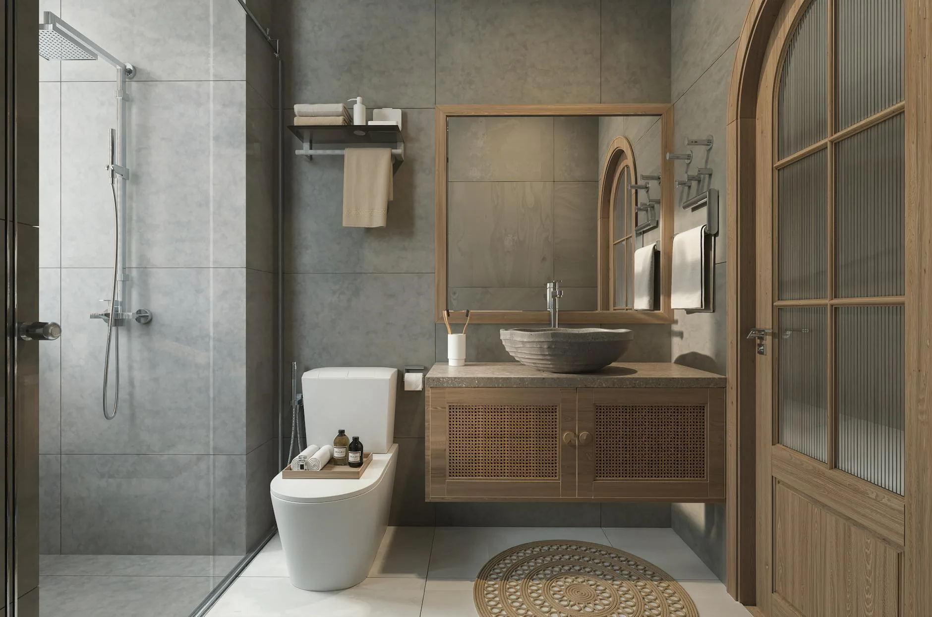 modern editorial bathroom idea: Minimalist Japandi with cream and warm neutrals with sage green and terracotta accents, designer-curated bathroom decor