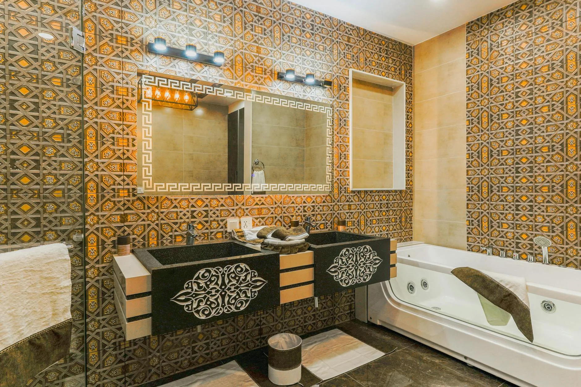 modern editorial bathroom idea: Modern Moroccan with cream and warm neutrals with sage green and terracotta accents, designer-curated bathroom decor