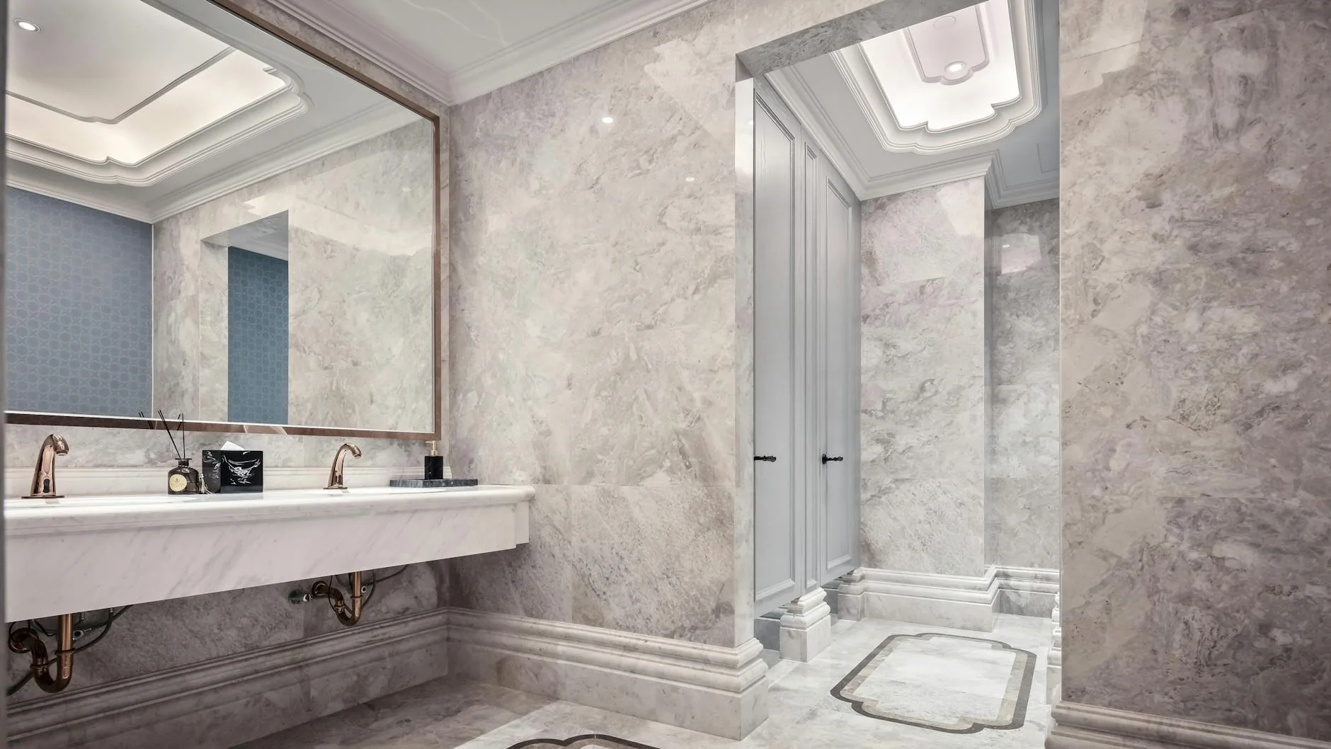 modern editorial bathroom idea: Opulent Marble with cream and warm neutrals with sage green and terracotta accents, designer-curated bathroom decor