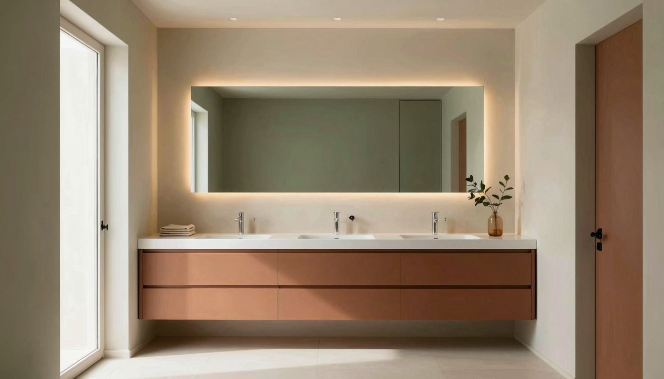 modern editorial bathroom idea: Pull Quote: High-Tech Haven with cream and warm neutrals with sage green and terracotta accents, designer-curated