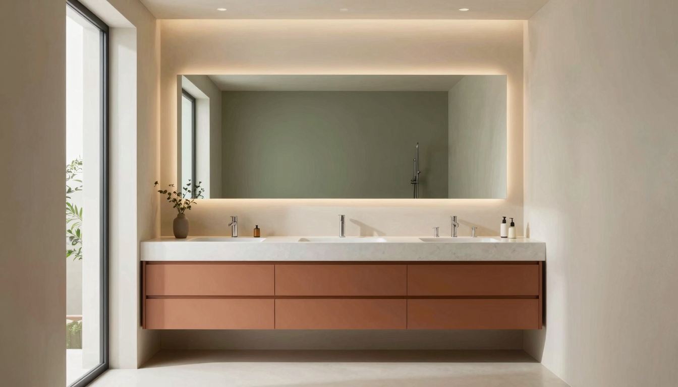 modern editorial bathroom idea: Pull Quote: Sleek Futurism with cream and warm neutrals with sage green and terracotta accents, designer-curated