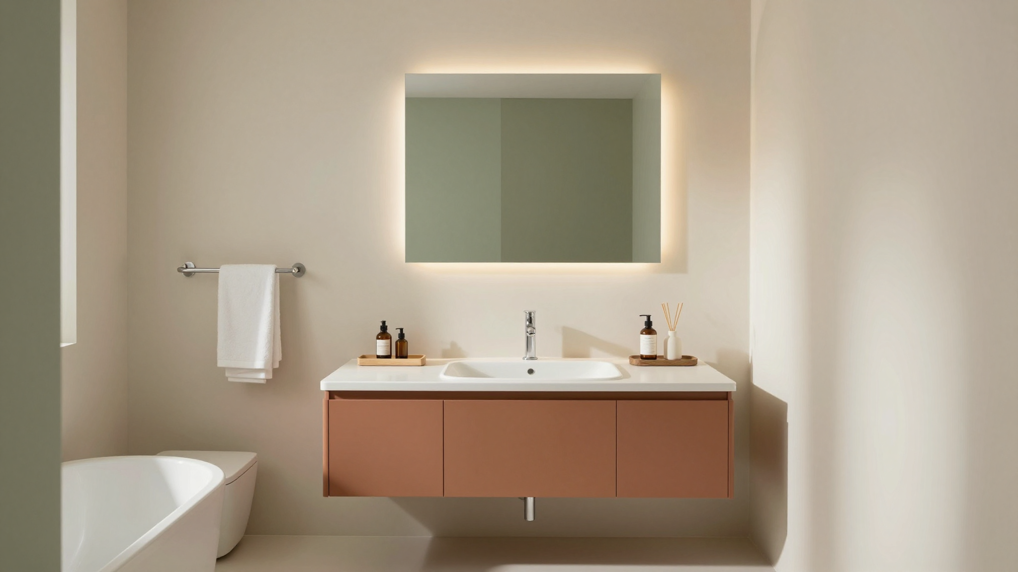 modern editorial bathroom idea: Serene Scandinavian with cream and warm neutrals with sage green and terracotta accents, designer-curated bathroom decor
