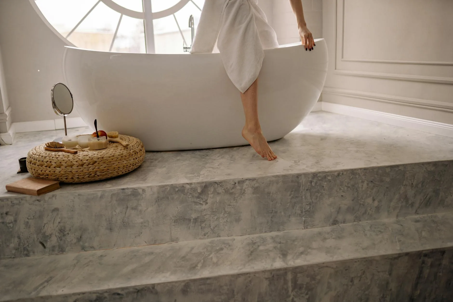 modern editorial bathroom idea: Step-by-Step: Achieving a Farmhouse Look with cream and warm neutrals with sage green and terracotta accents,