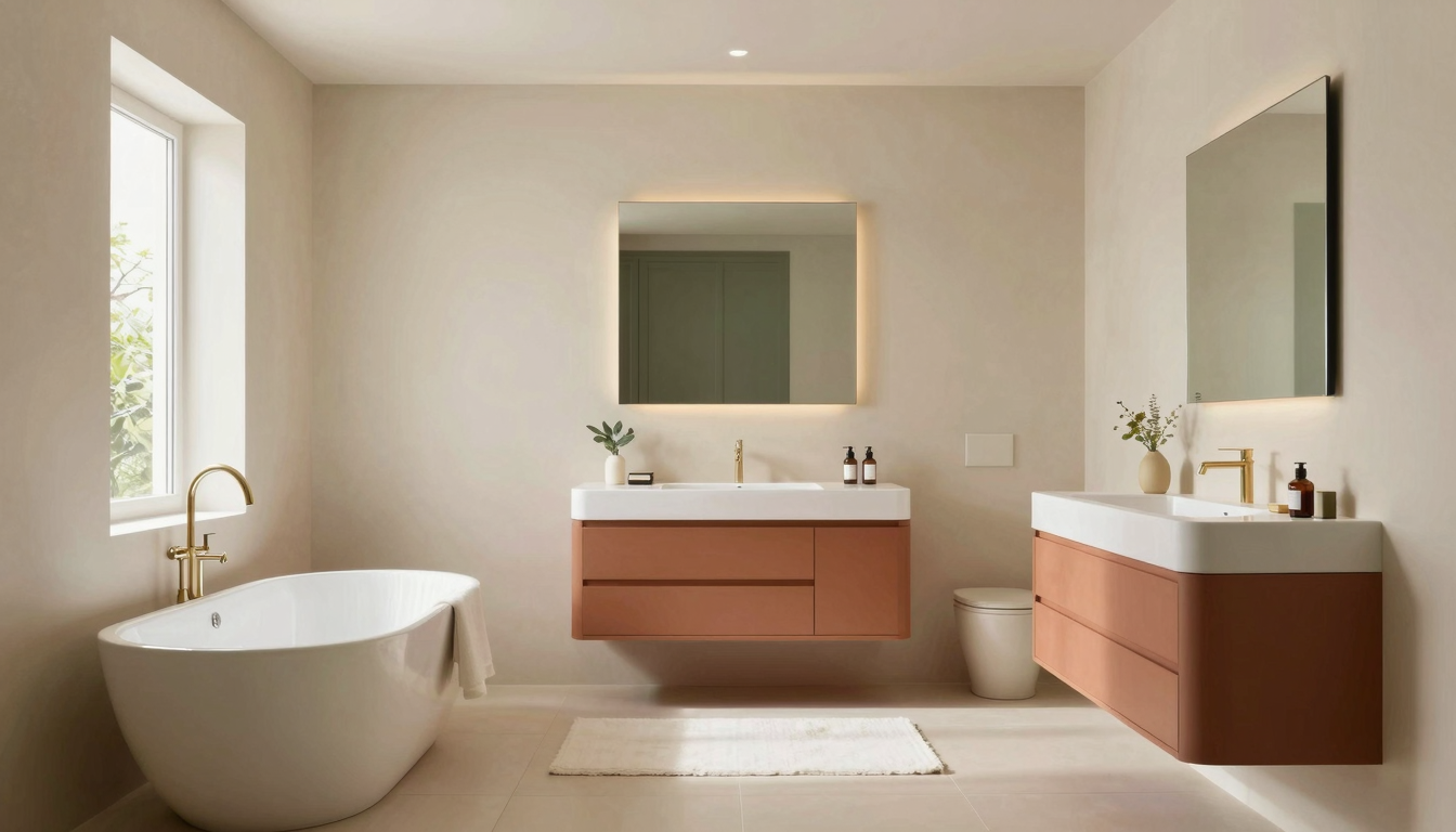 modern editorial bathroom idea: Step-by-Step: Achieving a Luxe Spa Look with cream and warm neutrals with sage green and terracotta