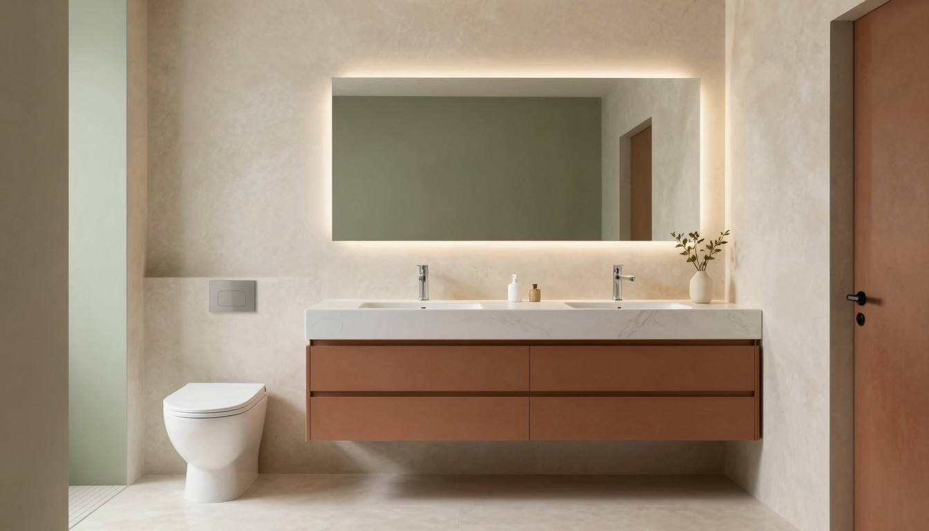 modern editorial bathroom idea: Textured Layers with cream and warm neutrals with sage green and terracotta accents, designer-curated bathroom decor
