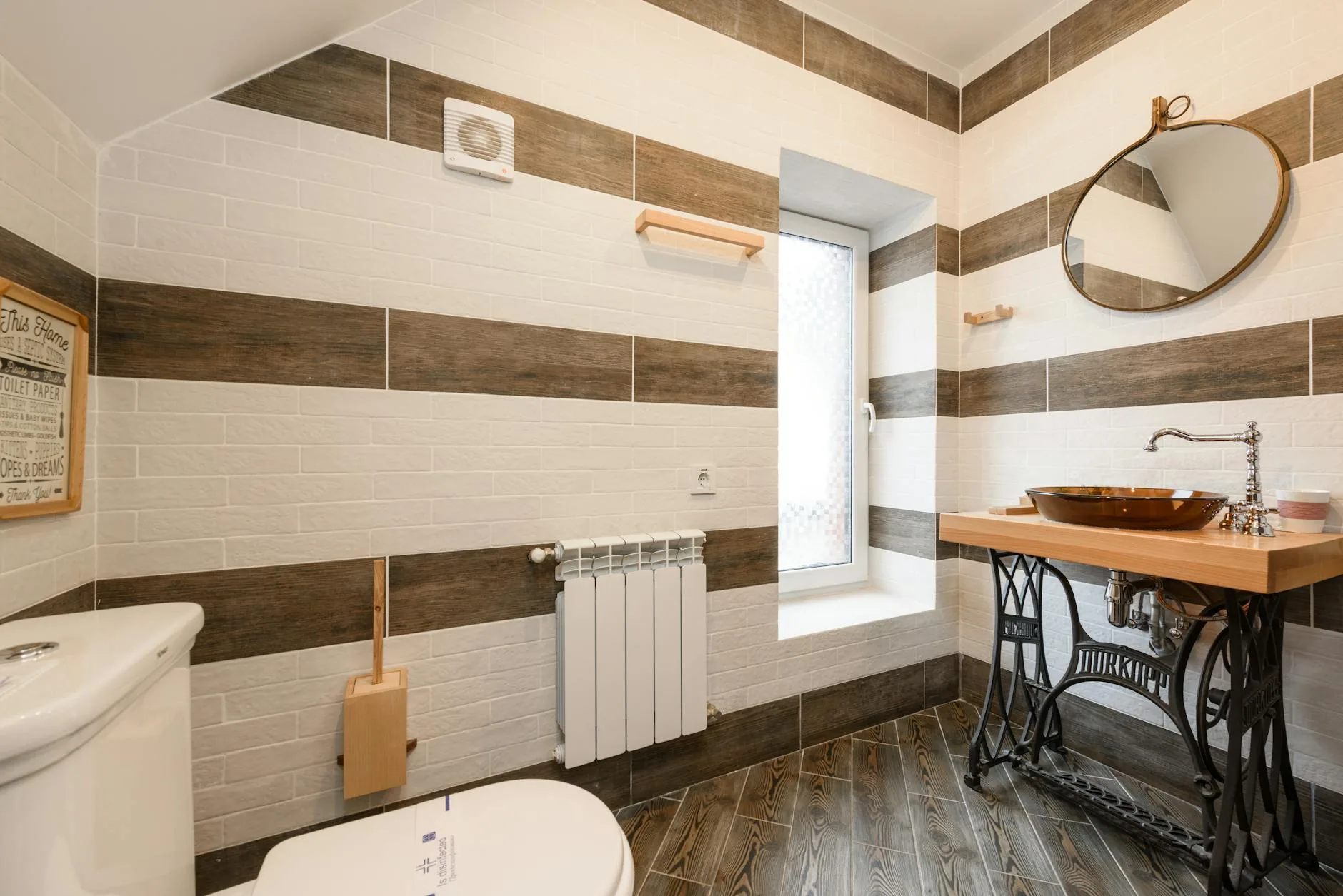 modern editorial bathroom idea: Vibrant Color Blocking with cream and warm neutrals with sage green and terracotta accents, designer-curated bathroom