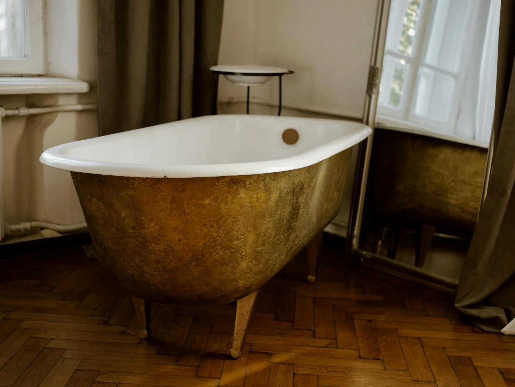 modern editorial bathroom idea: Vintage Charm with cream and warm neutrals with sage green and terracotta accents, designer-curated bathroom decor